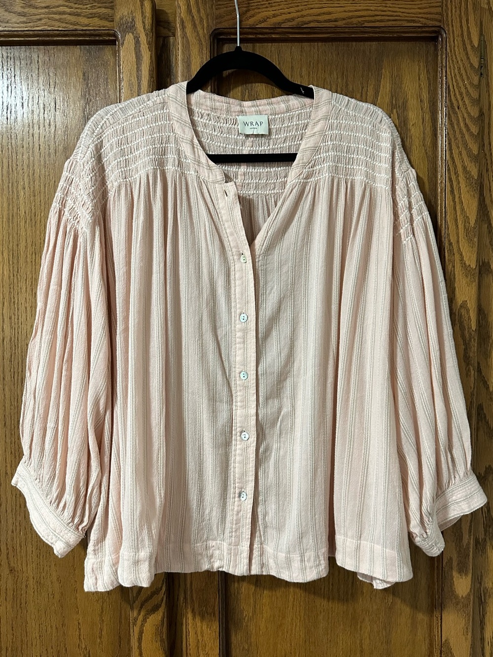 Wrap London Pale Pink Pintuck Boho Peasant Button-Front Blouse Balloon Sleeve 10